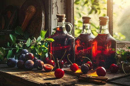 Homemade sweet cherry liqueur with fresh fruits and spices on rustic wooden backgroundの素材