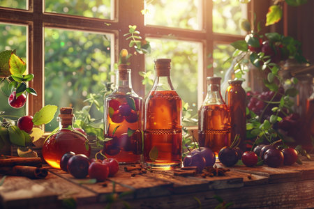 Cranberry, cherry and honey in bottles on the windowsillの素材