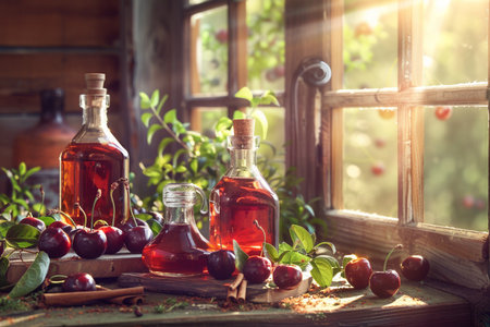 Cherry juice in glass bottles and fresh ripe cherries on old wooden table near windowの素材
