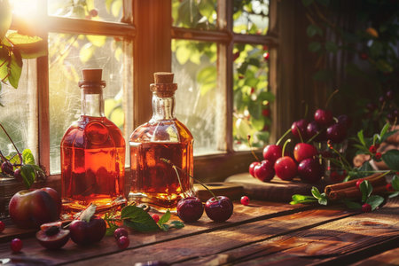 Cherry syrup in bottles and fresh cherries on the windowsill.の素材