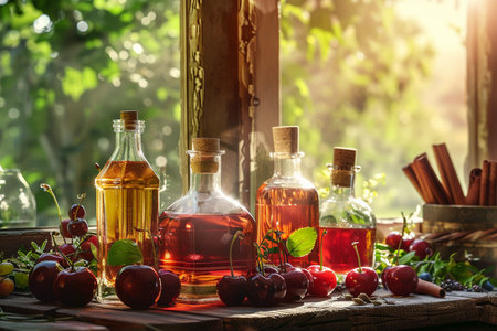 Cherry juice in glass bottles and fresh cherries on old wooden tableの素材