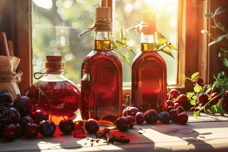 Cherry vinegar in glass bottles with fresh berries on wooden windowsillの素材