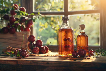 Cherry vinegar in glass bottles on a wooden table near the windowの素材