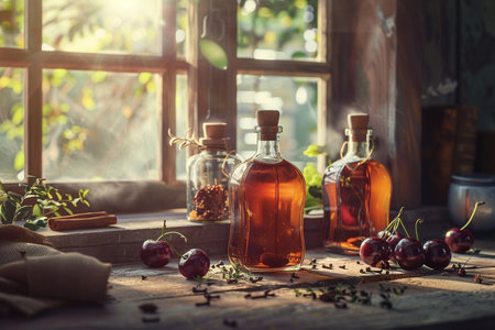 Cherry oil in a glass bottles on a rustic wooden tableの素材