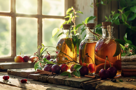 Cherry vinegar in glass bottles and fresh cherries on rustic wooden table.の素材