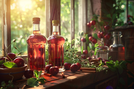 Two bottles of red and rose wine on the windowsill with cherries and cinnamonの素材