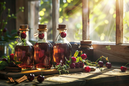 bottles of cherry syrup and ripe berries on a wooden table.の素材
