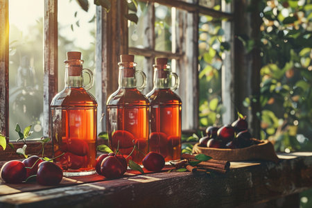Homemade plum vinegar in a glass bottle on a wooden table.の素材
