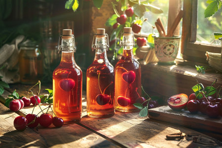 Cherry vinegar in glass bottles with fresh cherries on wooden tableの素材
