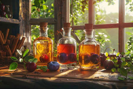 Aromatherapy in glass bottles with fresh cherries and honey.の素材