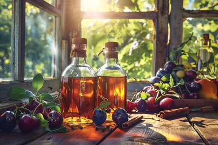 Cherry oil in glass bottles and fresh fruits on wooden table near the windowの素材