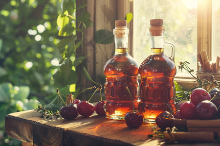 Cherry vinegar in a glass bottle on a rustic wooden table.の素材
