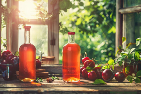 Cherry vinegar in a glass bottle on a rustic wooden table.の素材