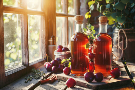 Homemade plum vinegar in a glass bottle on a wooden table.の素材