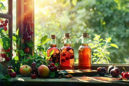 Cherry juice in glass bottles with fresh ripe cherries on wooden windowsill.の素材