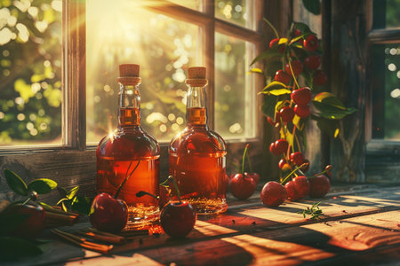 Two bottles of cherry syrup and fresh ripe cherries on the windowsillの素材