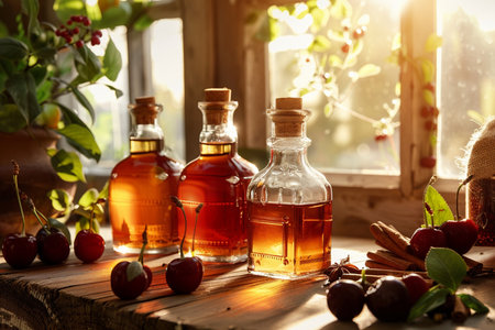 Cherry syrup in glass bottles on a wooden table near the windowの素材