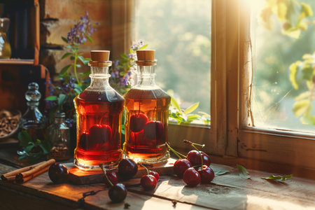 Cherry juice in glass bottles and ripe cherries on window sillの素材