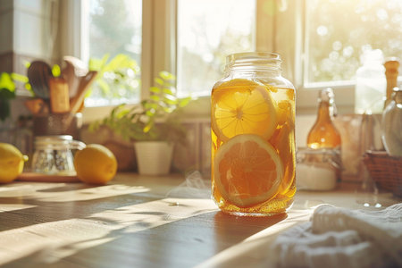 Lemonade in a glass jar on a wooden table in the sunlightの素材