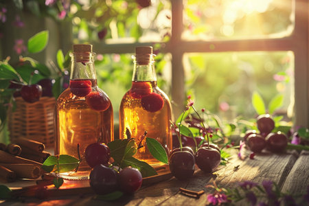 Cherry oil in glass bottles and fresh cherries on a wooden tableの素材