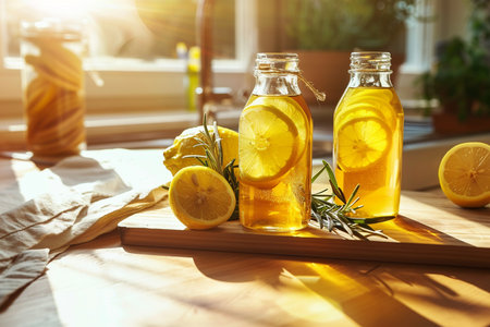 Homemade lemonade with fresh lemon and rosemary in a glass bottle on a wooden tableの素材