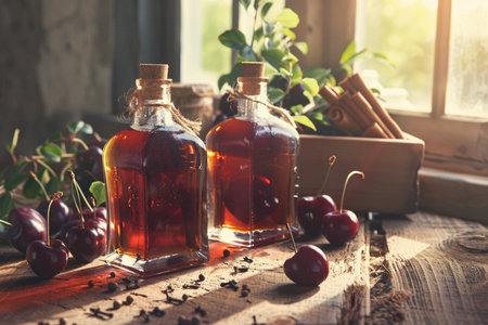 Cherry compote in a glass bottle on a wooden background.の素材