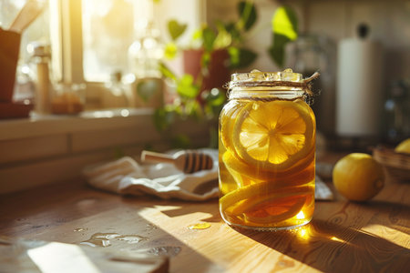 Homemade lemonade with lemon and honey in a glass jar on a wooden tableの素材