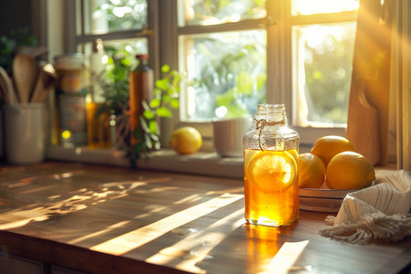 Lemonade in a glass bottle on the windowsill. Sunlightの素材