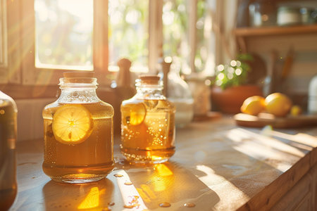 lemonade in a glass jar on a wooden table in the kitchenの素材