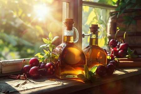 Olive oil in glass bottles and fresh cherries on windowsillの素材