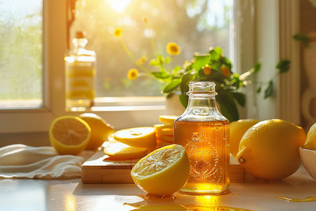 Bottle of lemon essential oil with fresh lemons on windowsillの素材