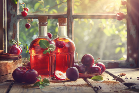Homemade cherry vinegar in a glass bottle with fresh cherries on a rustic wooden tableの素材