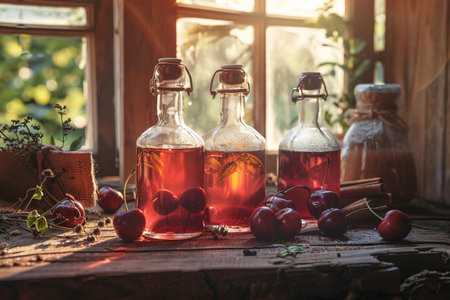 Homemade cherry syrup in glass bottles with fresh cherries on rustic wooden table.の素材