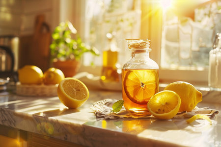 Lemon essential oil in a glass bottle with fresh lemons on the tableの素材