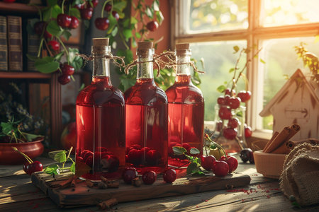 Cherry vinegar in glass bottles and fresh cherries on a wooden table.の素材