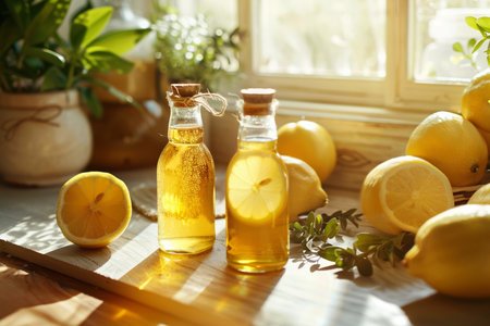 Bottles of lemon essential oil with fresh lemons on windowsillの素材