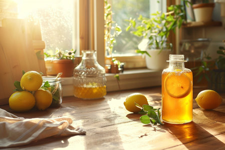 Homemade lemonade in a glass jar with fresh lemons on the windowsill.の素材