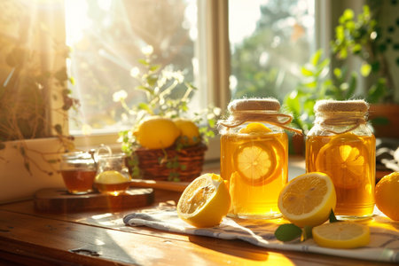 Citrus tea with lemon and honey in glass jars on the windowsillの素材