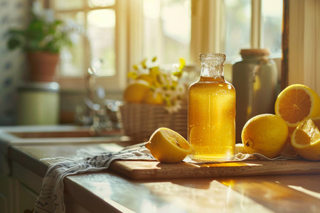 Bottle of homemade lemon juice with fresh lemons on kitchen tableの素材