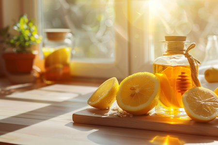 Fresh lemon and honey in a glass jar on the windowsill.の素材