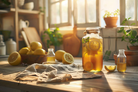 Homemade lemonade with fresh lemon and mint in a glass jar on a wooden tableの素材