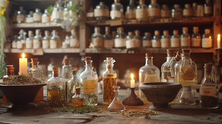 Spices and herbs in old bottles on the table in the laboratoryの素材