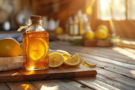 Bottle of tasty lemon oil on wooden table. Space for textの素材