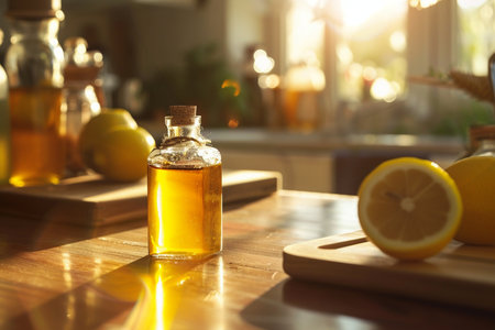 Bottle of lemon oil on wooden table in kitchen. Space for textの素材