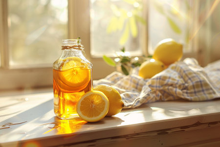 lemonade in a glass bottle on a windowsill with fresh lemonsの素材