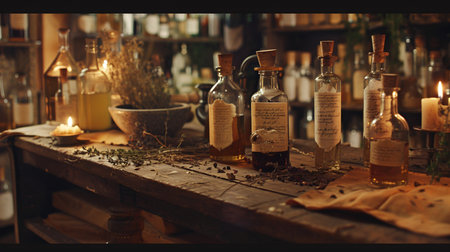 Vintage bottles with herbs and spices on wooden table in dark roomの素材