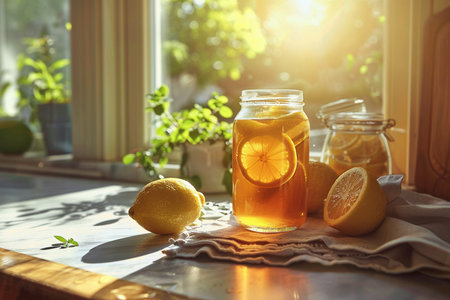 Lemonade in glass jar with fresh lemons on table in sunlightの素材