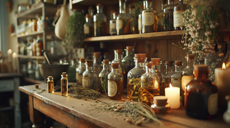 Spices and herbs in glass bottles on wooden table in vintage shopの素材