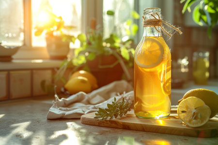 Homemade lemonade in a glass bottle on a kitchen table.の素材