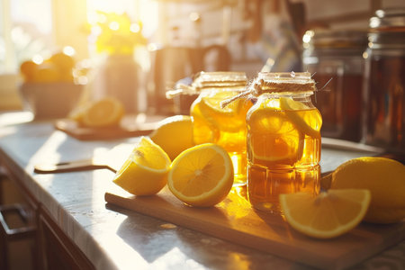Homemade lemonade with fresh lemons and honey in glass jarの素材